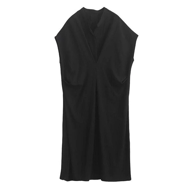 ABEBEY Vintage Loose Women Dress V Neck Shorts Sleeve High Waist Midi Dresses For Female Fashion Clothing 2023 Summer Tide