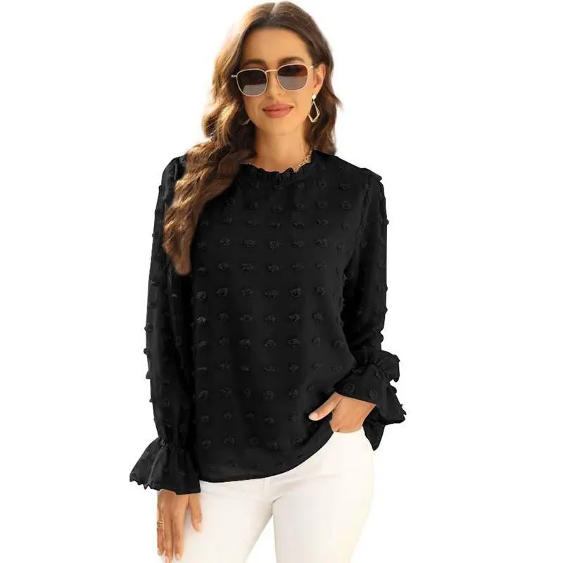 Women Solid Blouse Fashion Jacquard Stand Neck Long Sleeve Chic Office Work Tops Lady Plus Size Casual Elegant Chiffon Shirts