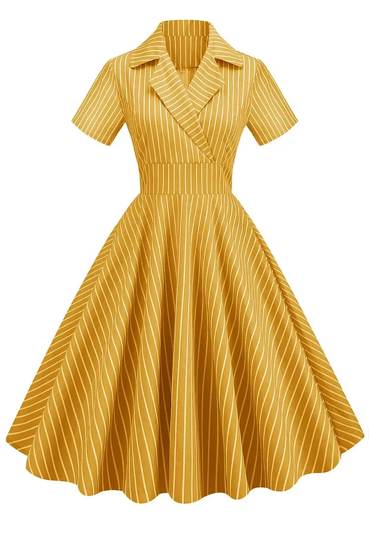 1950s Yellow Formal Suit Collar High Waist Striped Print Short Sleeve Swing Midi Dresses