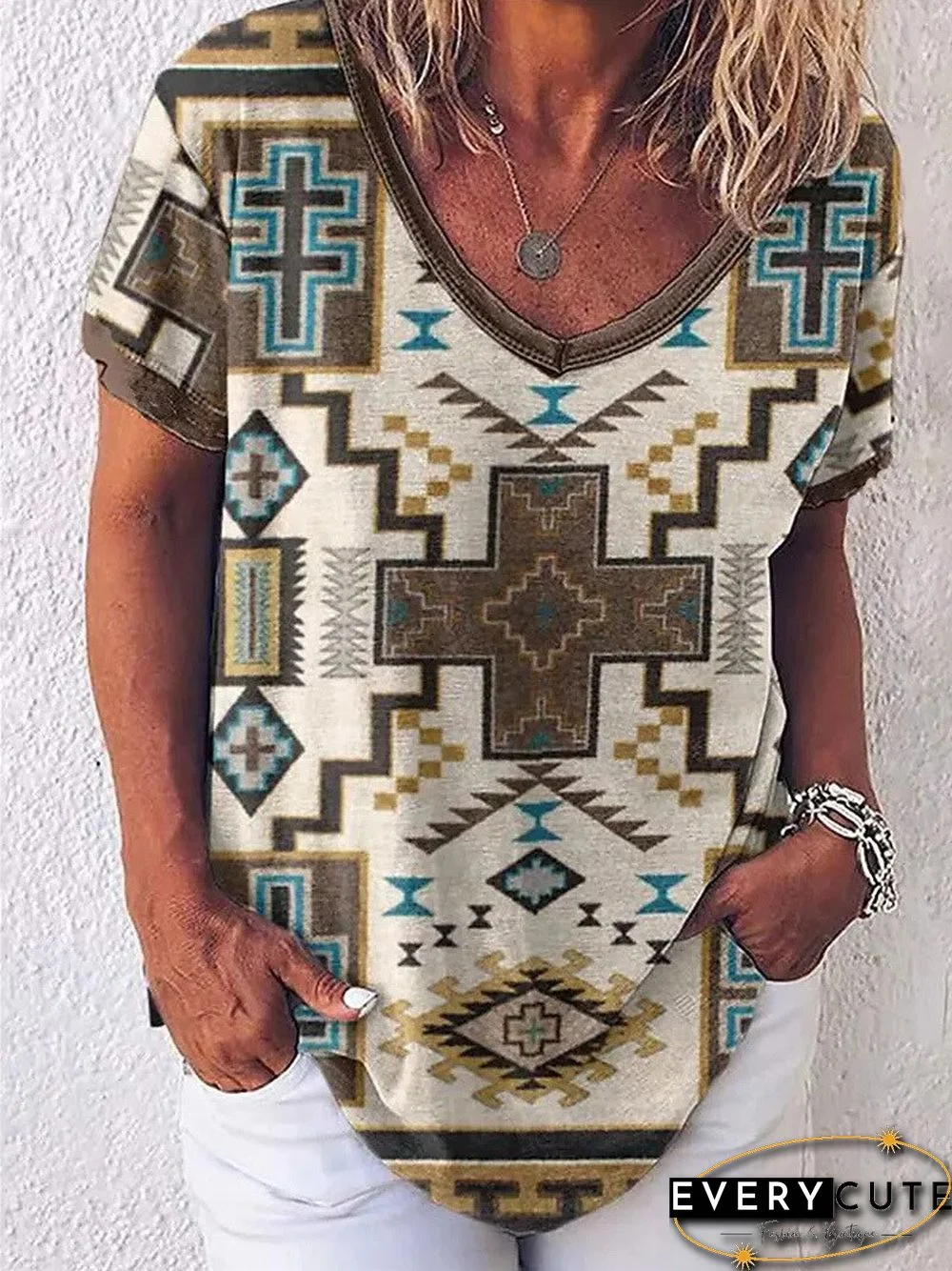 Harajuku T Shirt Women Spring/Summer New Fall Flower Mang Plant Print Short Sleeve V-Neck T-Shirt Tops