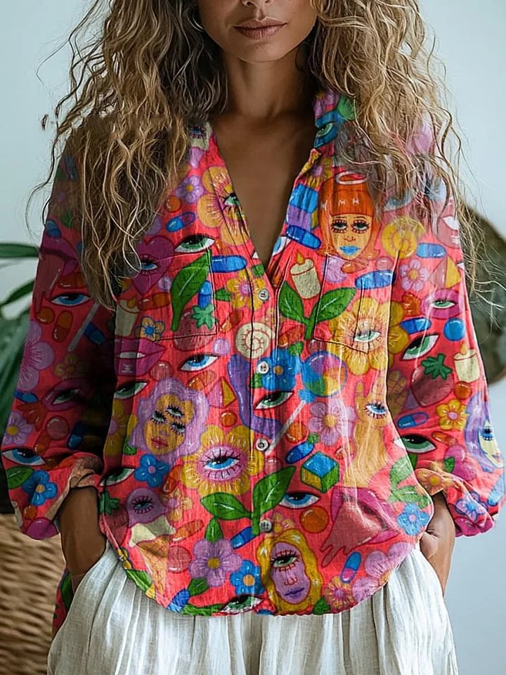 Psychedelic Style Cartoon Figure Oil Painting Art Printed Women's Casual Long Sleeve Comfortable Cotton Shirt