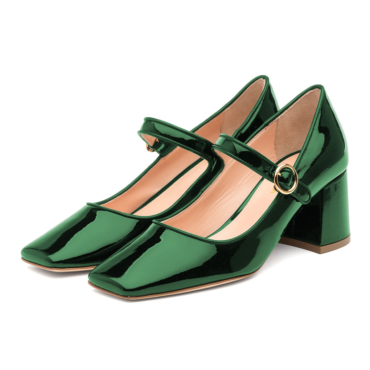 Green Patent Leather Buckle Square Toe Pumps for Women with Block Heel Nicepairs
