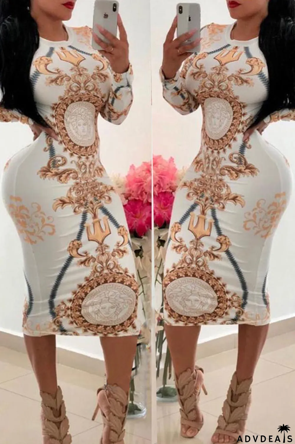 White Casual Printed Knitting Mid Calf Dress