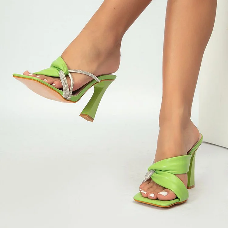 Green Square Toe Rhinestones Strap Mules Sandals with Block Heels |FSJ Shoes