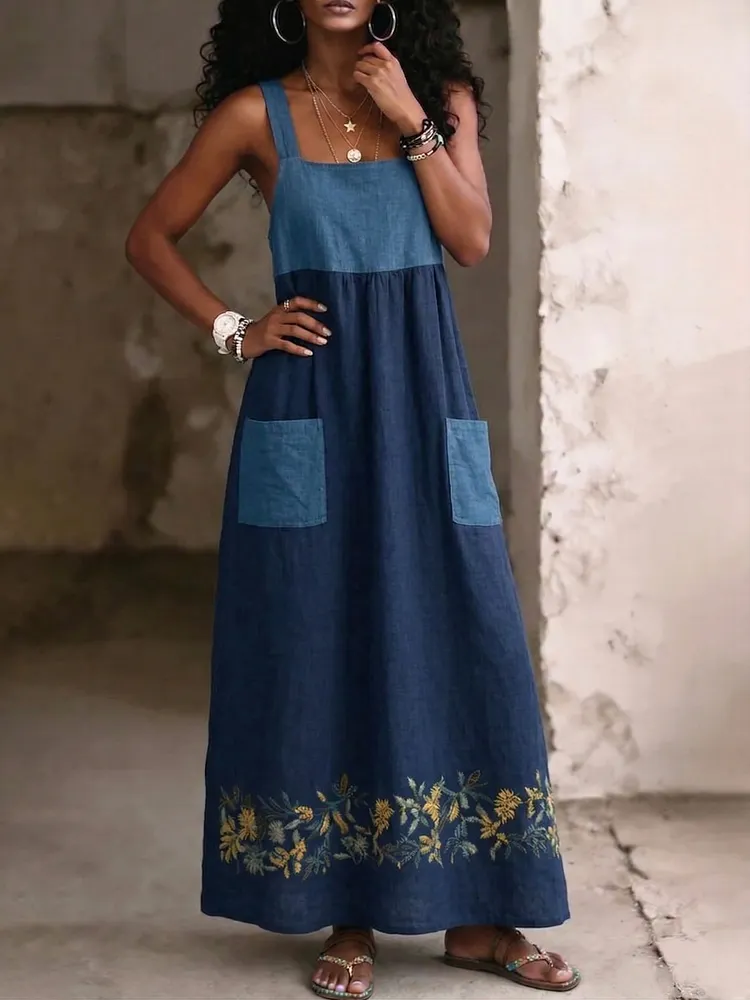 Women&lsquo;s Casual Sleeveless Patchwork Denim Dress