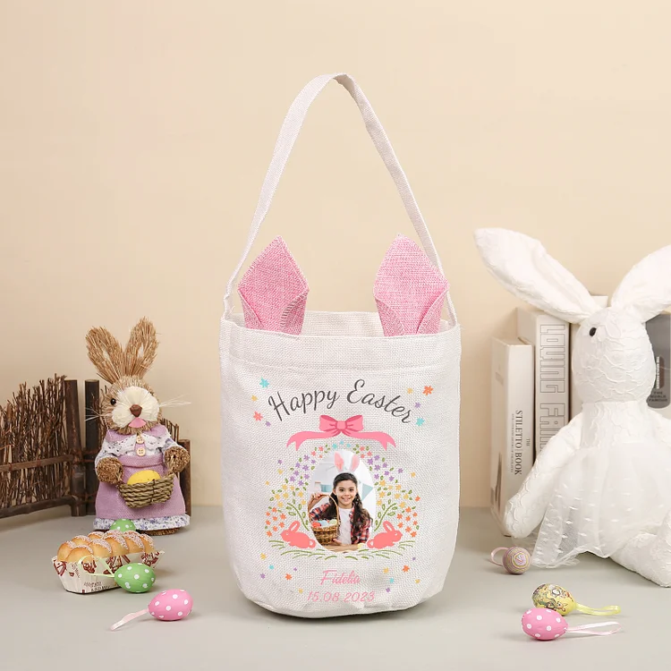Pascua-Bolsa de conejo con 1 nombre, 1 texto, 1 fecha y 1 foto personalizados