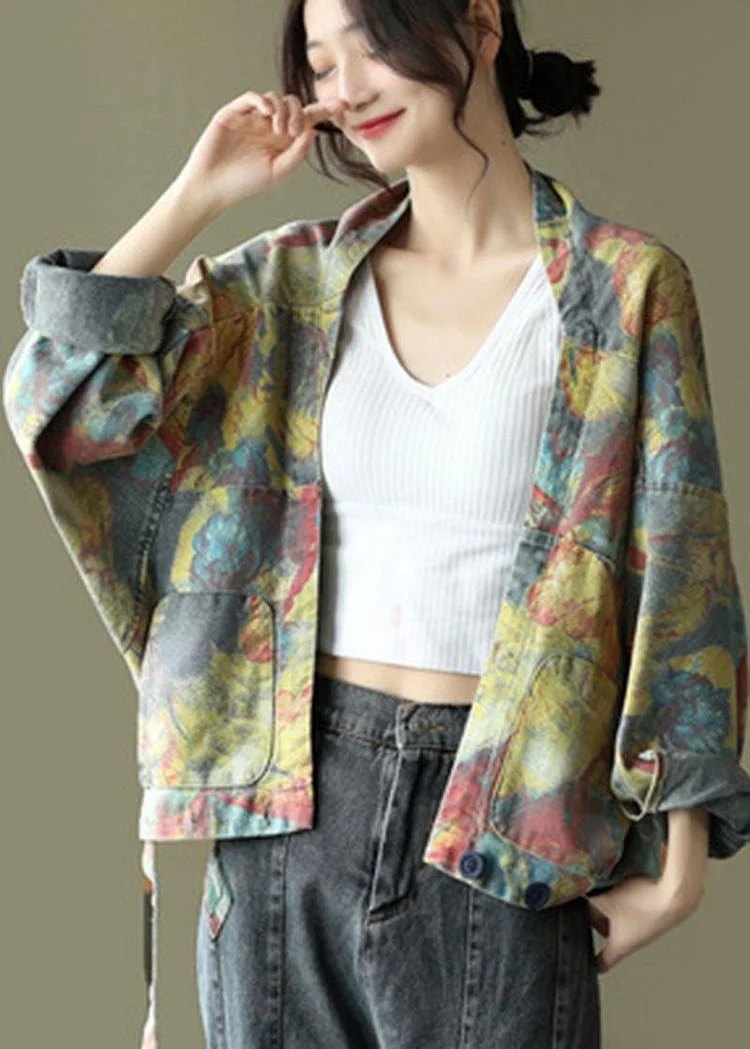 Modern Yellow Floral Button Deni TOP Short
