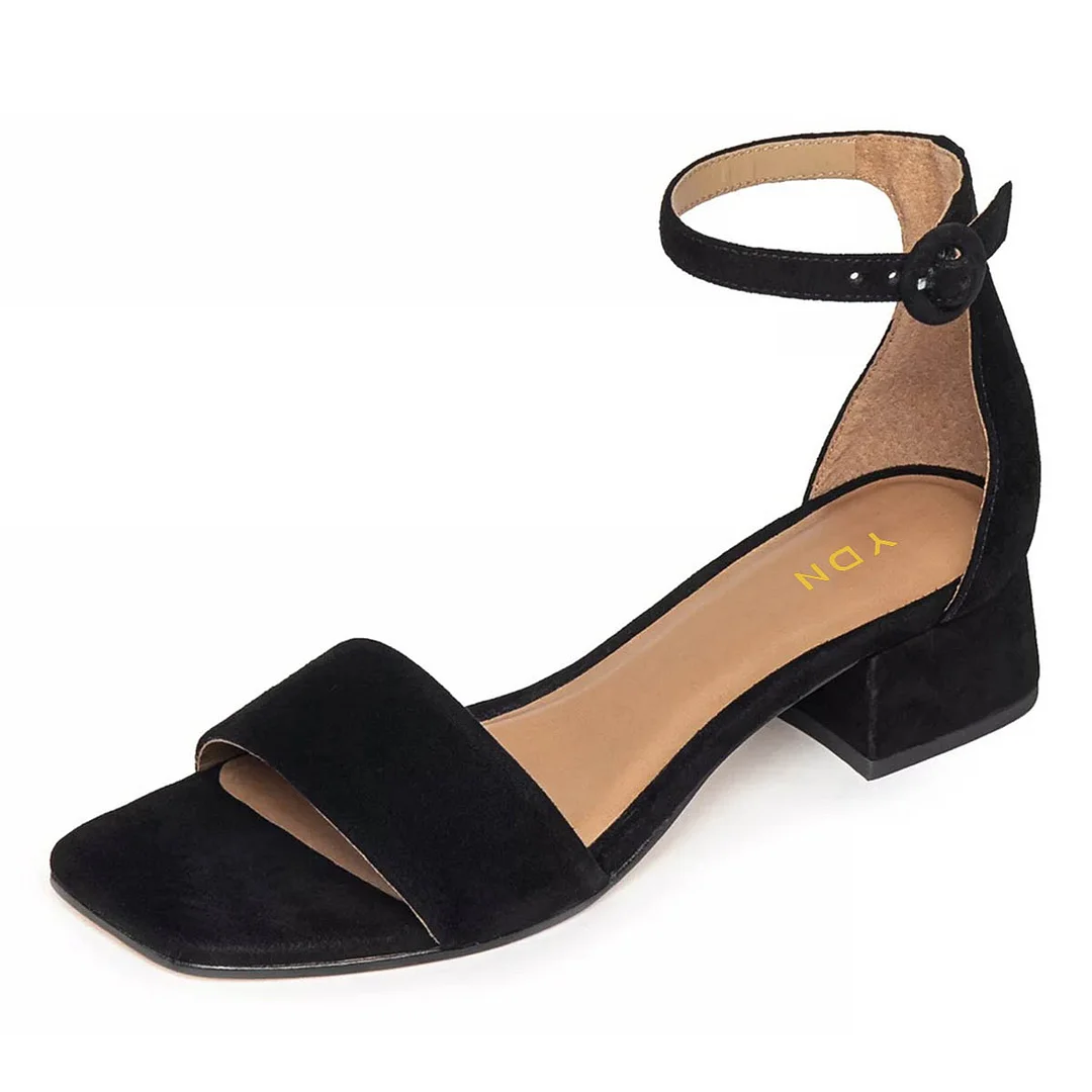 Vegan Suede Open Square Toe Ankle Strap Black Heels Sandals