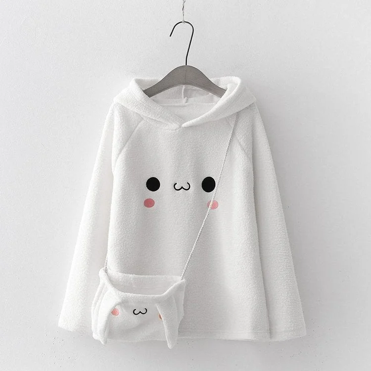 Bunny Ears Fleece Hoodie With Crossbody Bag - Gotamochi Kawaii Shop, Kawaii Clothes