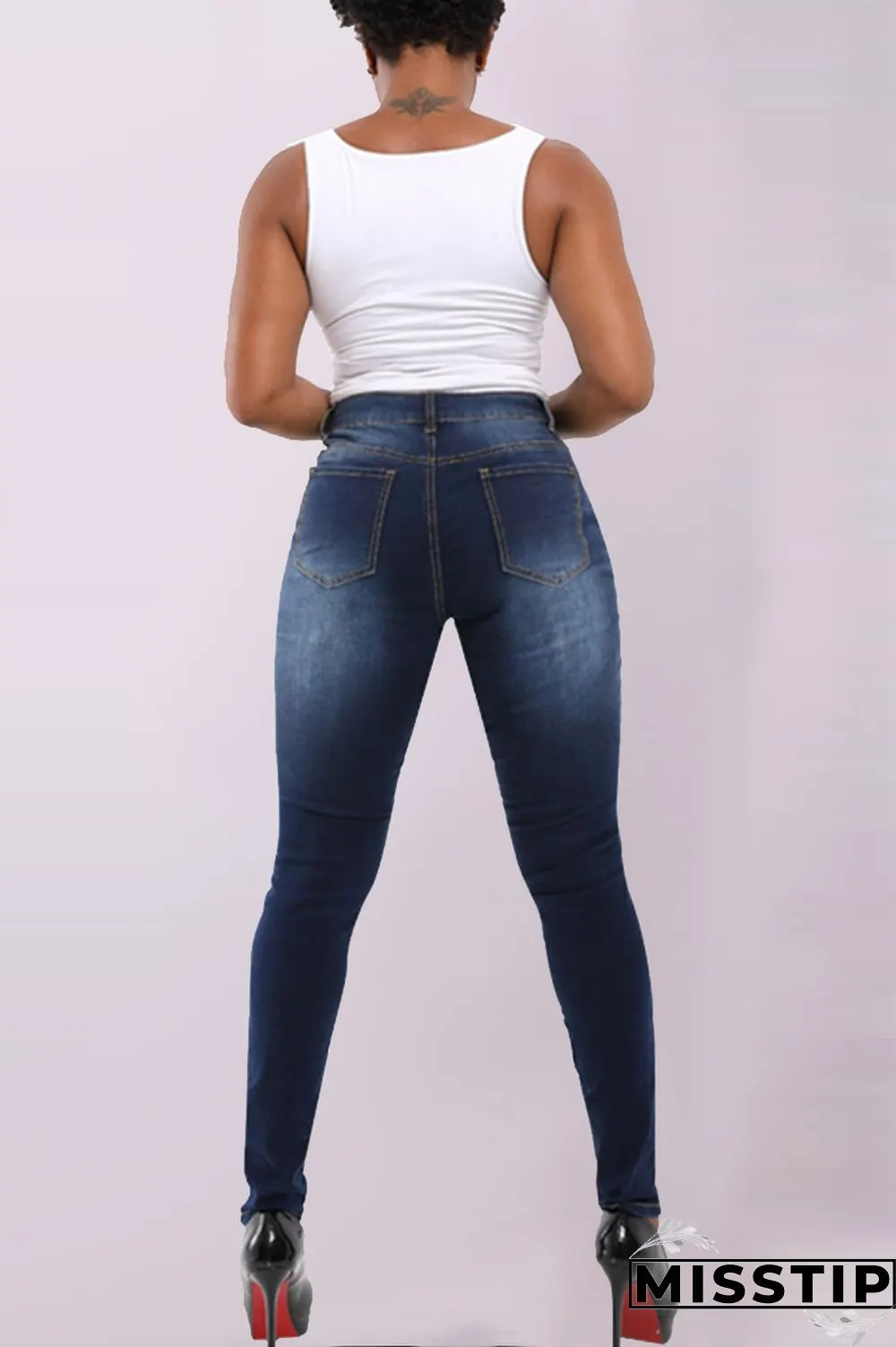 Dark Blue Denim Zipper Fly Mid Old Zippered washing pencil Pants Pants