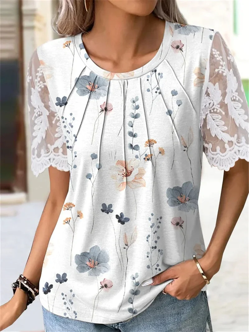 Women's Floral Printed Loose Short Sleeve Scoop Neck Lace Sleeve Top