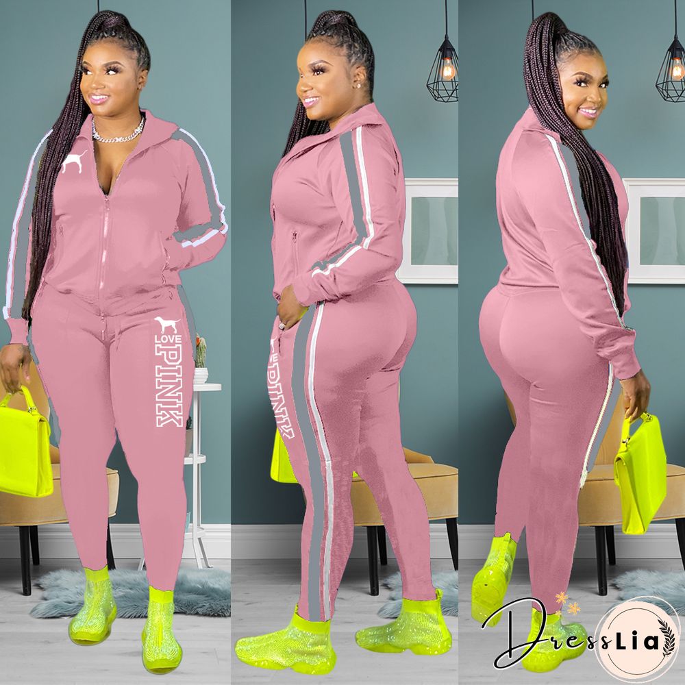 Plus Size Zipper Jacket Tops Sporty Pants Two Piece Set
