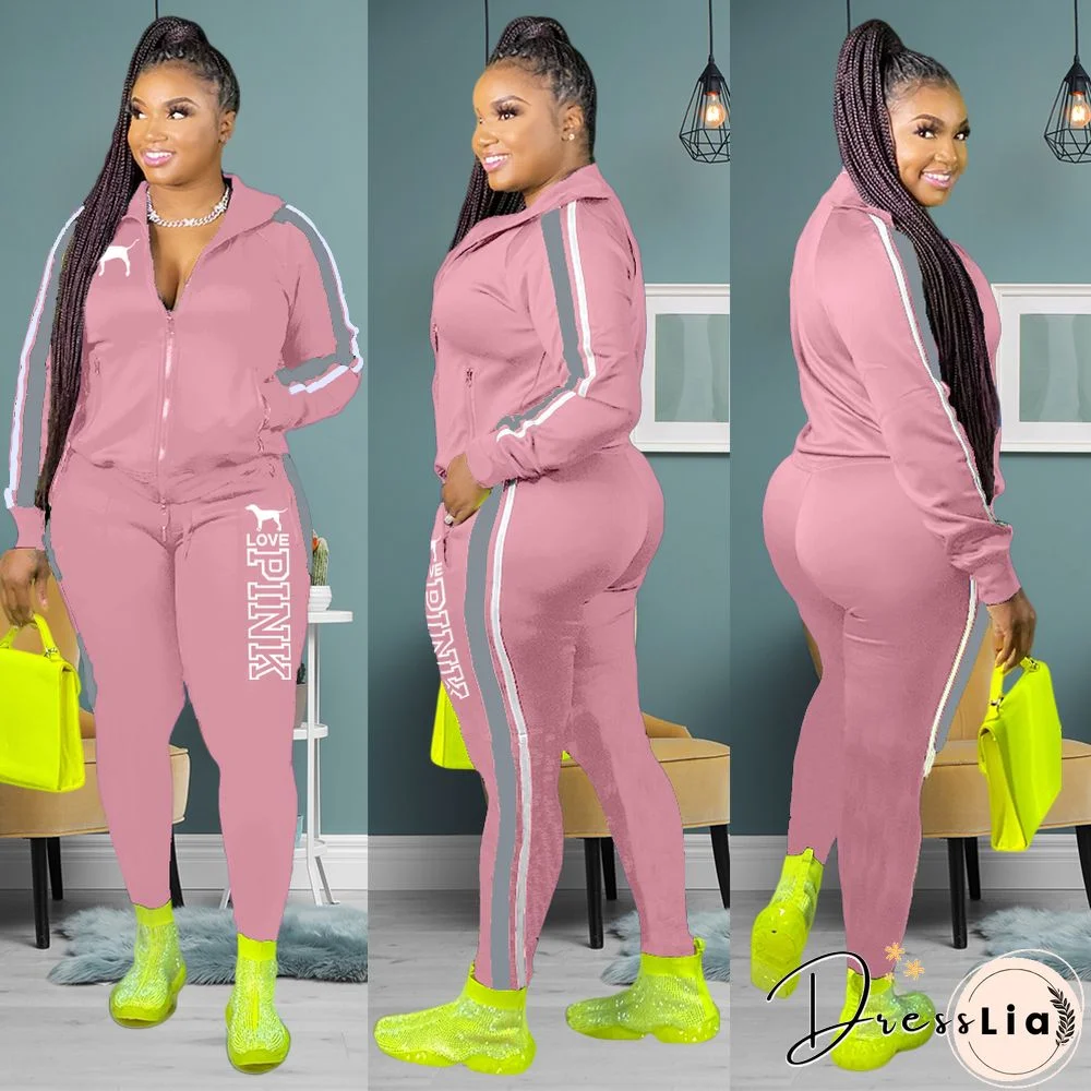 Plus Size Zipper Jacket Tops Sporty Pants Two Piece Set