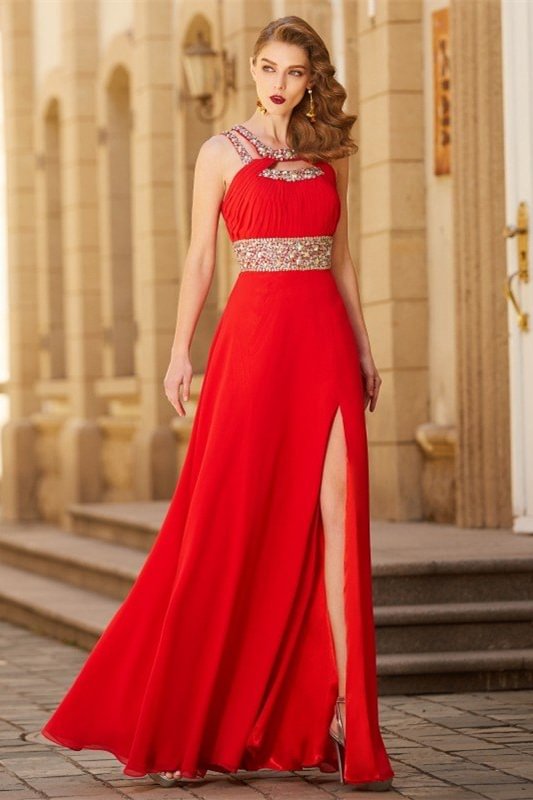 Red Halter Prom Dress Split With Crystals PD0282