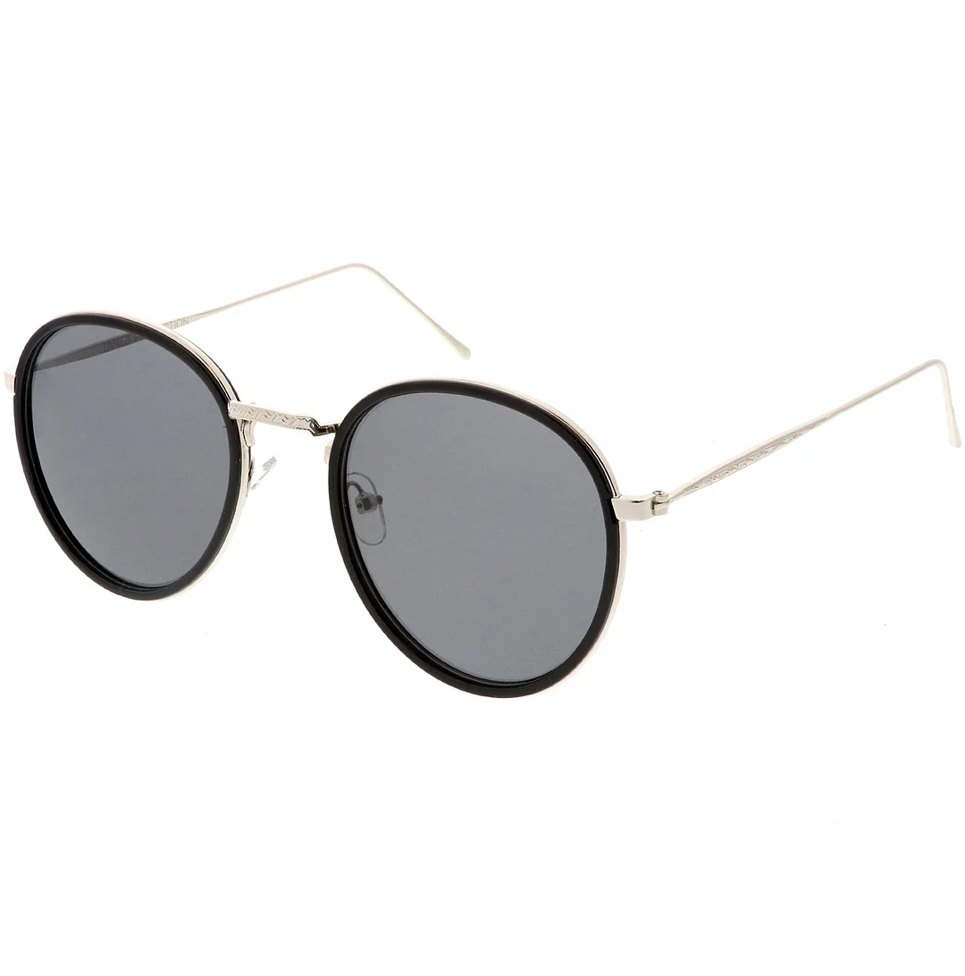 Modern Round glasses Engraved Slim Metal Arms Neutral Color Flat Lens