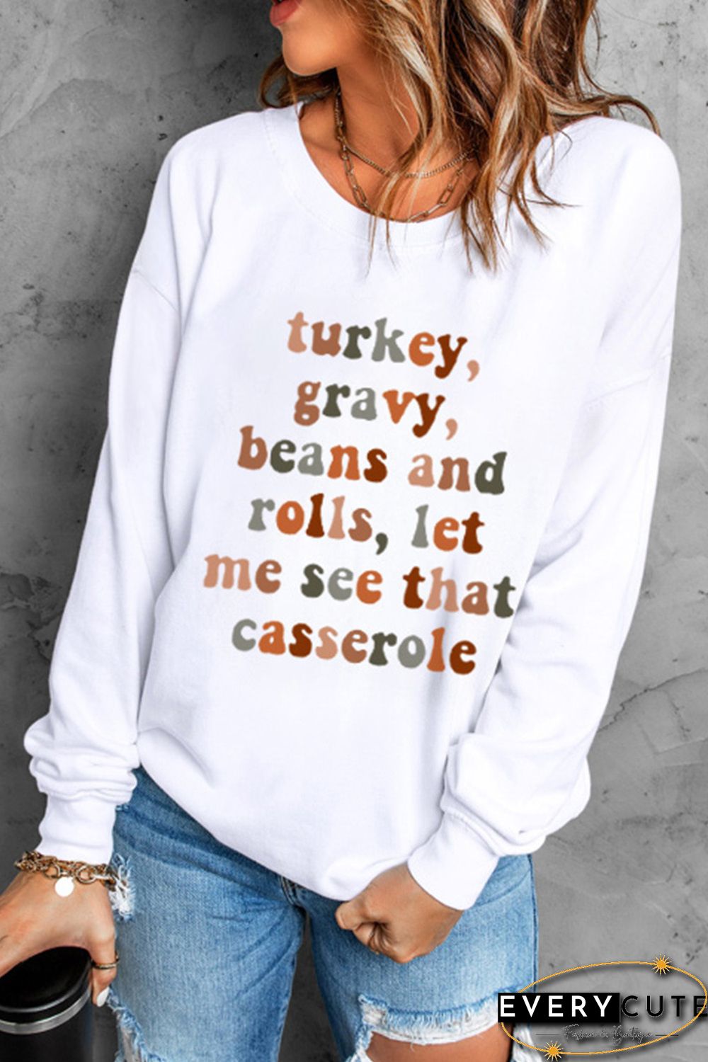 White Thanksgiving Letter Graphic Print Long Sleeve Sweatshirt