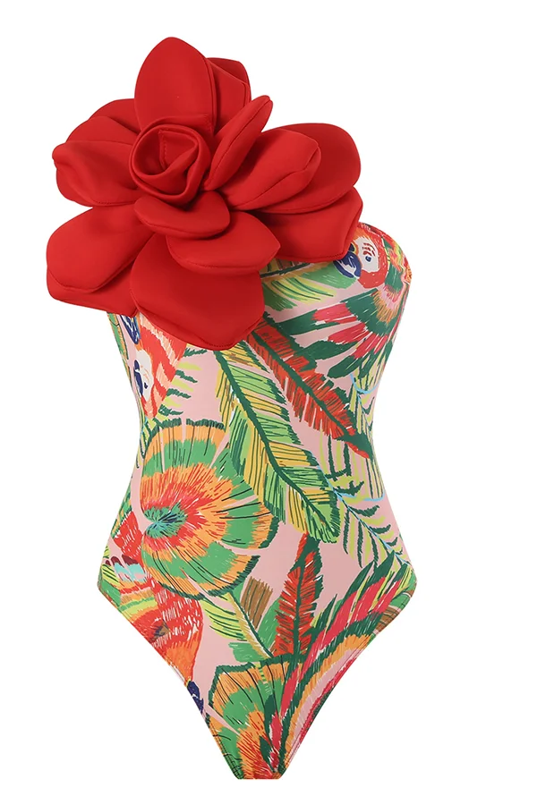 Floral Print High Waisted Three Dimensional Floral One Piece Swimsuit Skirt Set