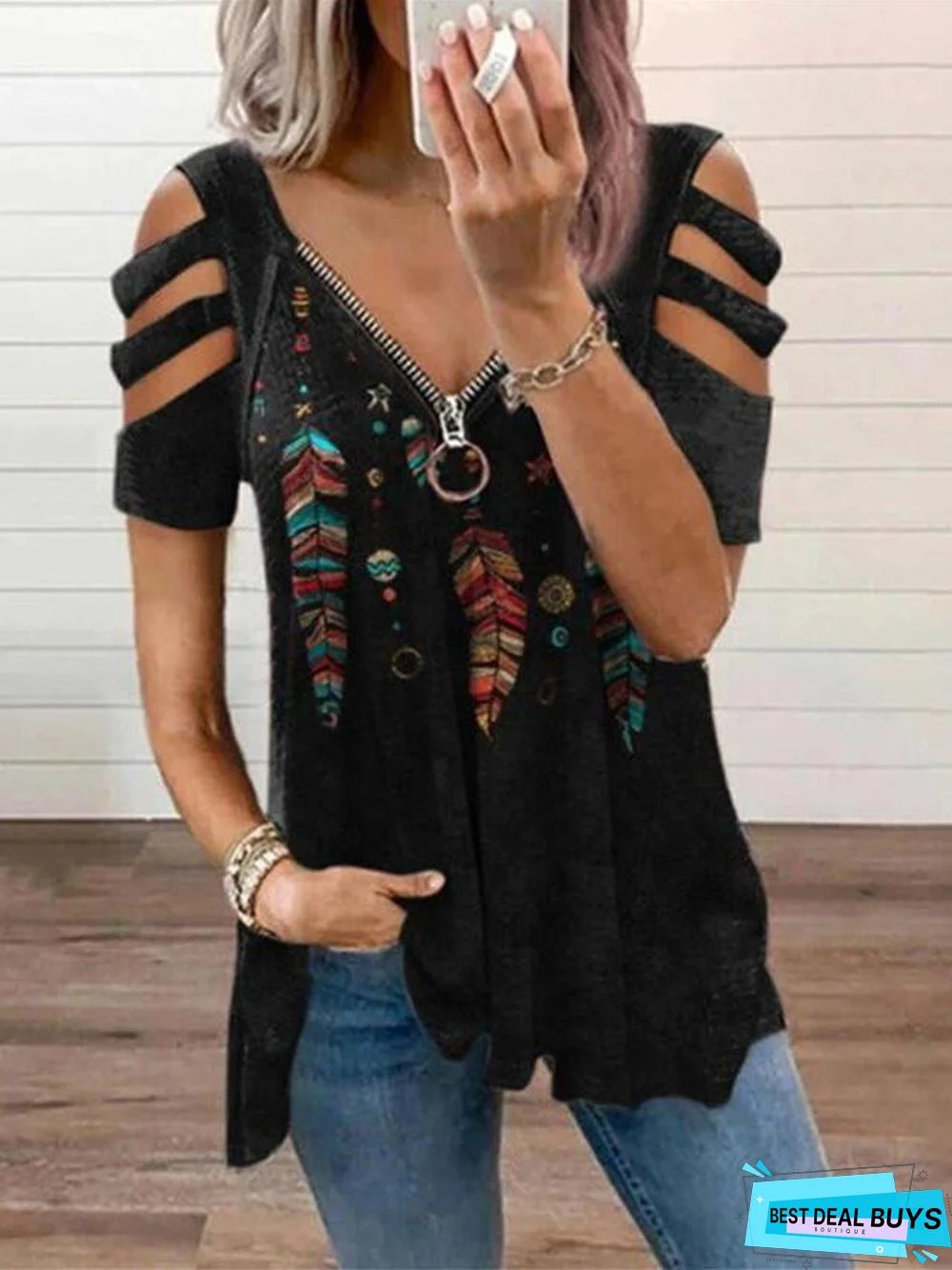 V-neck Zipper Pullover Printed Short Sleeve Loose T-shirt Women's Jacket