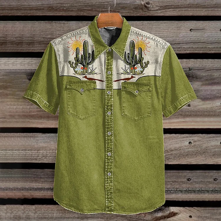 VChics Men's Vintage Western Cactus Shirt With Double Pockets