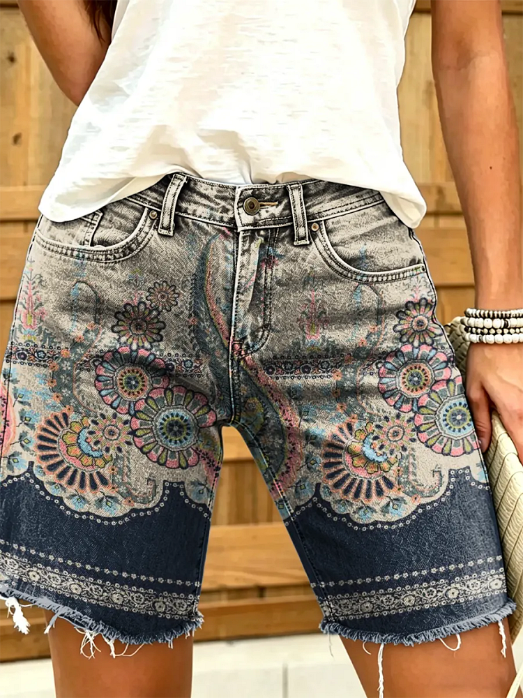 Women's Vintage Floral Print Denim Shorts