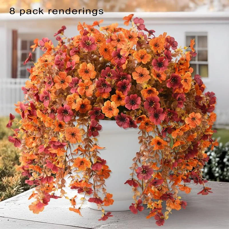 8 Pack Artificial Hanging Plants, UV Resistant Silk Violet Flowers with Eucalyptus Leaves, Outdoor Garden Decor, Realistic Faux Plants