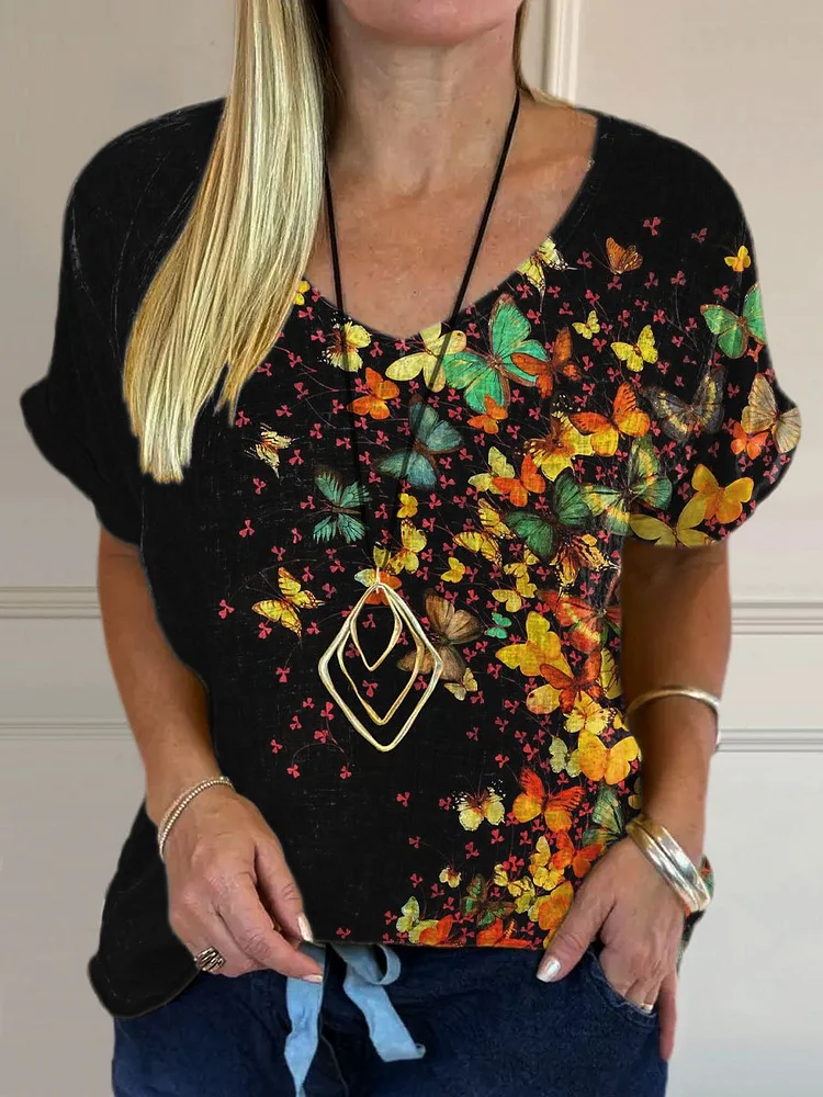 Women's Vintage Butterfly Colorful Art Print Casual Cotton And Linen Shirt
