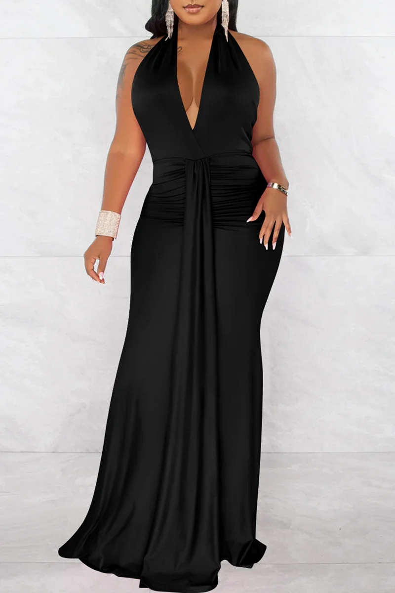 Black Fashion Sexy Solid Bandage Patchwork Backless Fold Halter Long Dress