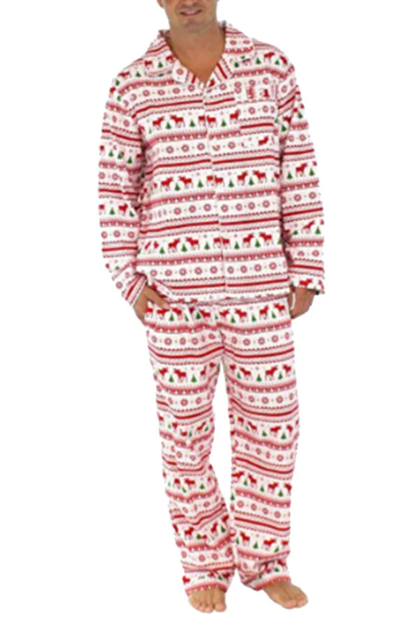 Mens Snowflake Reindeer Printed Family Christmas Pajama Set White-elleschic