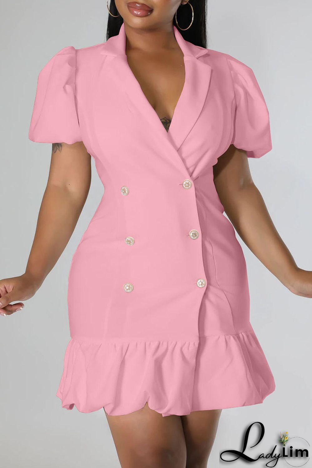 Rose Red Casual Sweet Solid Patchwork Buckle Flounce V Neck Straight Dresses