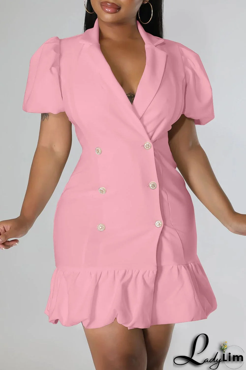 Rose Red Casual Sweet Solid Patchwork Buckle Flounce V Neck Straight Dresses