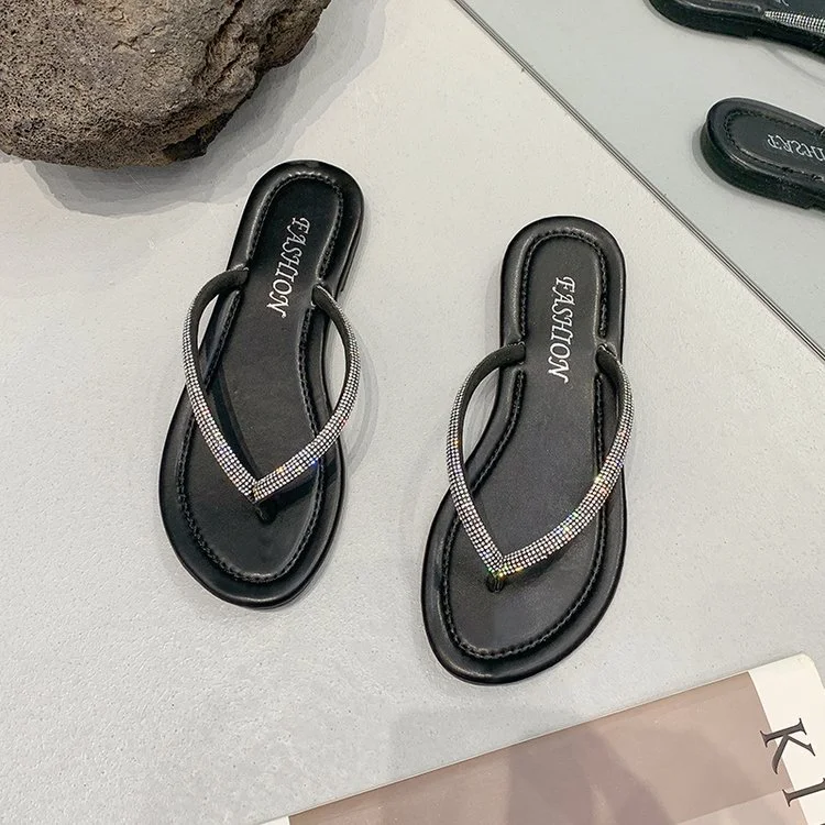 Churchf Churchf Celebrity Rhinestone Clip Summer 2023 Korean Flat Drag Candy Color Fairy Shoes To Wear Women's Slippers