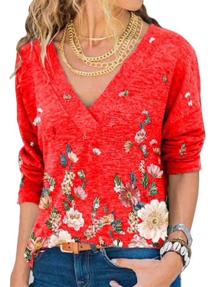 Floral Print Oversized T Shirts Womens Clothes Spring Casual Fashion V Neck Long Sleeve Loose Tops Vintage Tee Shirt Femme