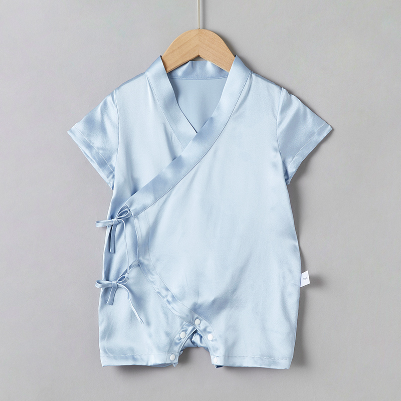 Lace-up baby silk onesies Blue Silk Sleepwear