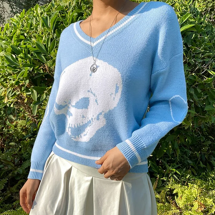 Y2k Skull Printed Loose Sweater - Gotamochi Kawaii Shop, Kawaii Clothes