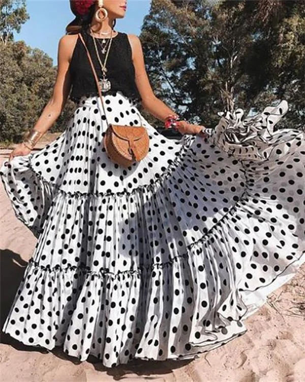 polyester polka dot floor length pleated skirts flared skirts a line skirts p148021