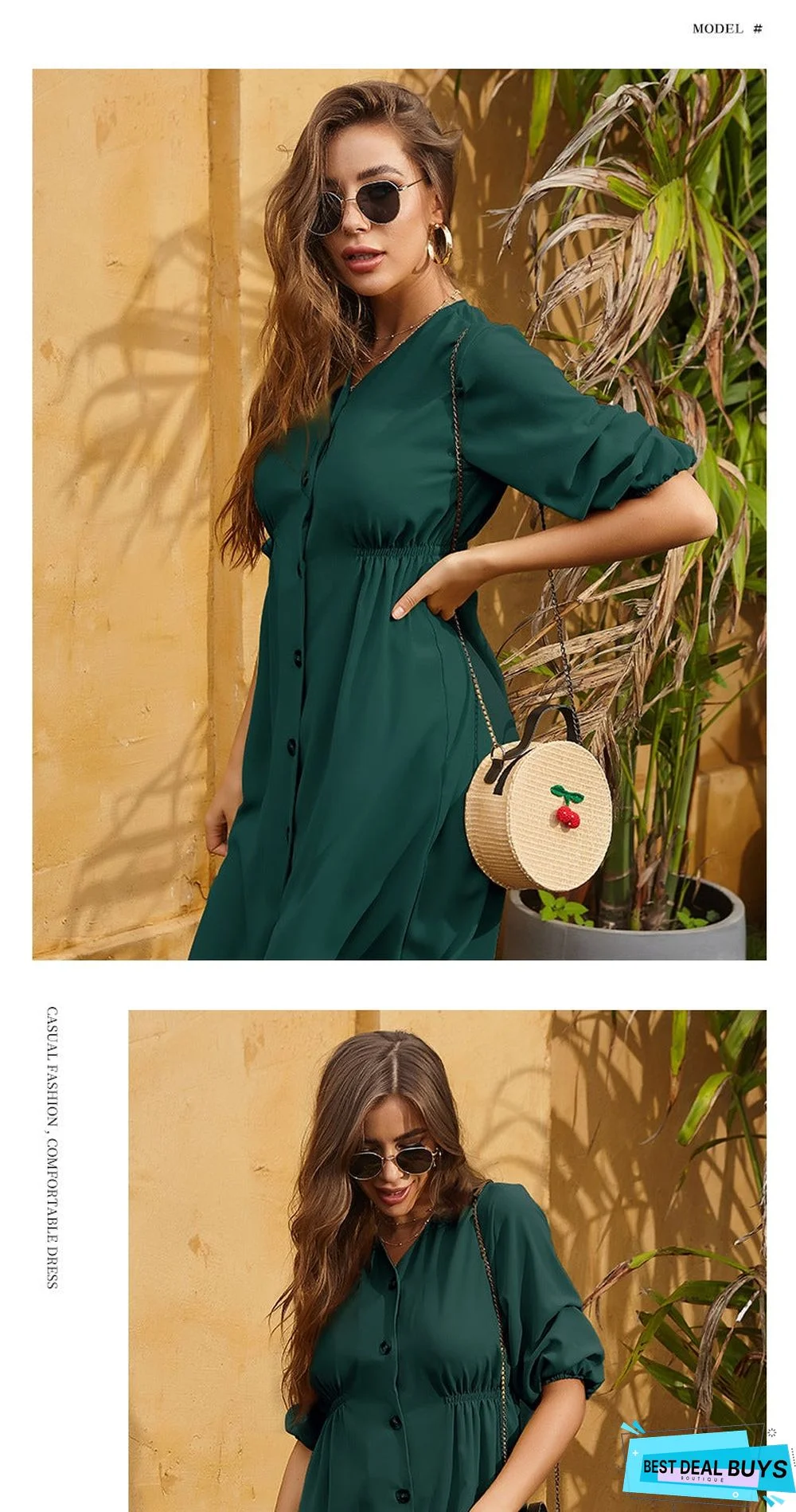 Solid-colored Loose-fitting Mid-sleeve Pleated Shirt Large Swing Dress