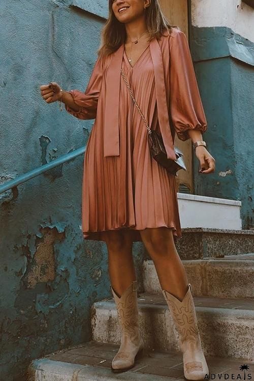 Tied Neck Long Sleeve Pleated Mini Dress