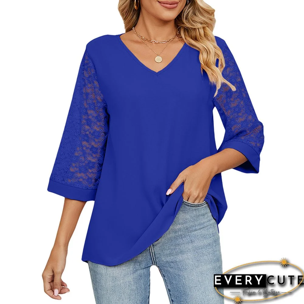 Blue 3/4 Lace Flare Sleeve V Neck Chiffon Tops