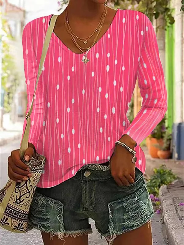 Long Sleeves Loose Printed V-Neck T-Shirts
