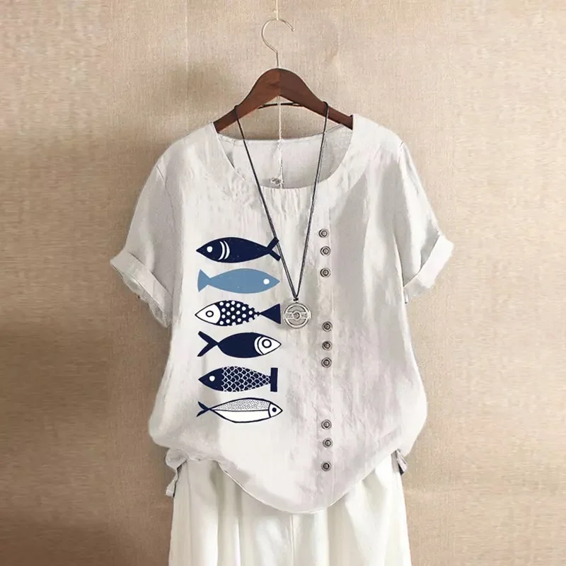 Cartoonh Short Sleeve Tees Casual Loose Tshirt Tops Fashion Cartoon Fish Printed Cotton Linen T-shirts Women Clothes Blusas 21356