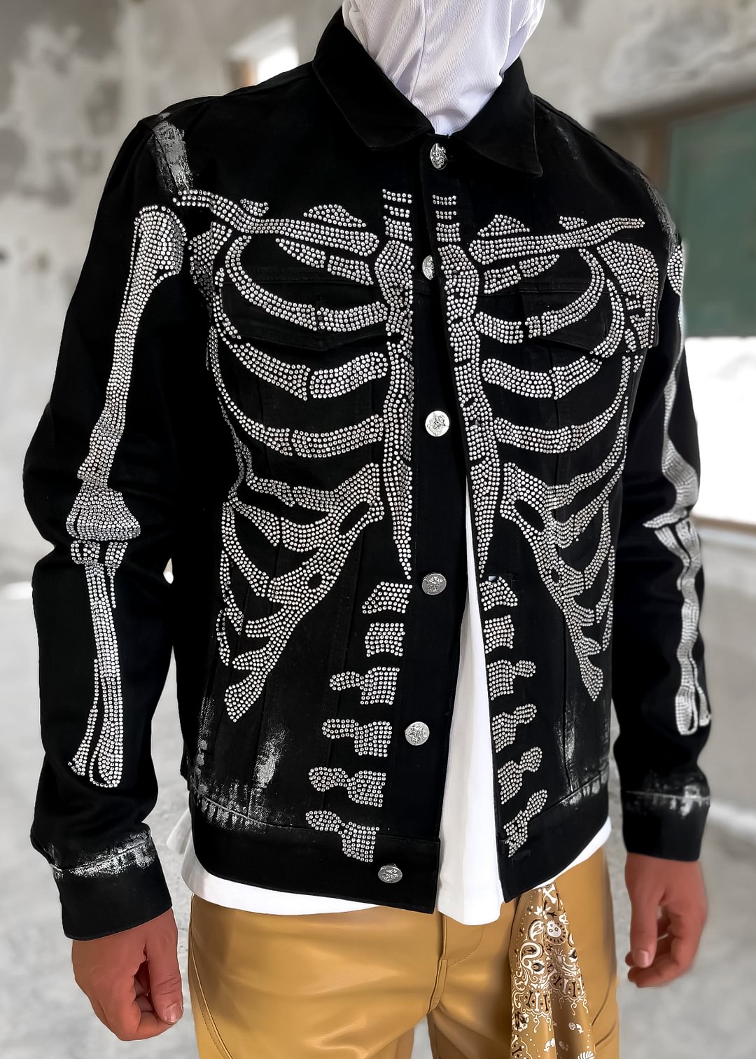 Skeleton Rhinestone Men's Oversized Black Denim Jacket-VESSFUL