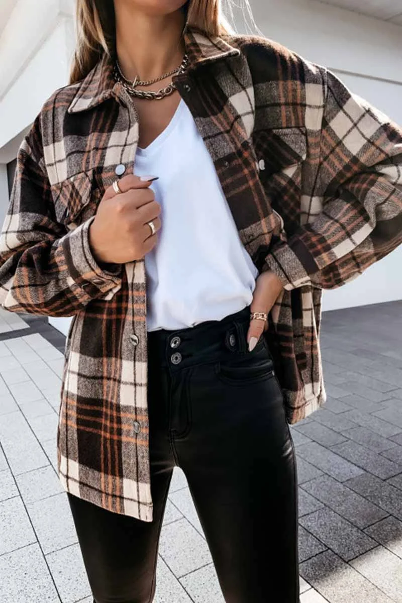 Casual Loose Retro Plaid Stitching Shirt Jacket(3 Colors)