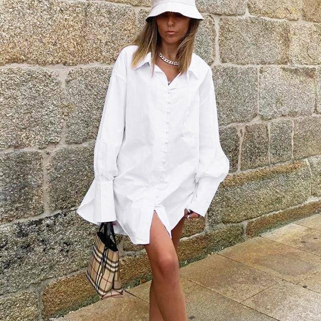 Bclout White Button Up Blouse Shirt Office Loose Long Sleeve Tunic Tops Turn Down Collar Casual Women Top Spring Cotton Mujer