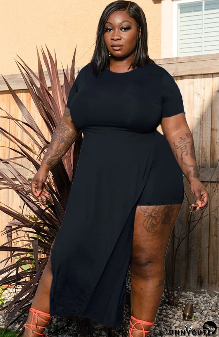 Summer Plus Size Black Slit Long Shirt and Biker Shorts 2 Piece Set