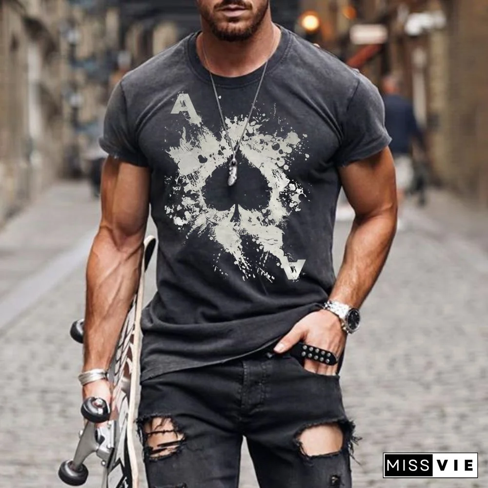 Mens Fashion Washed Poker Print T-Shirt