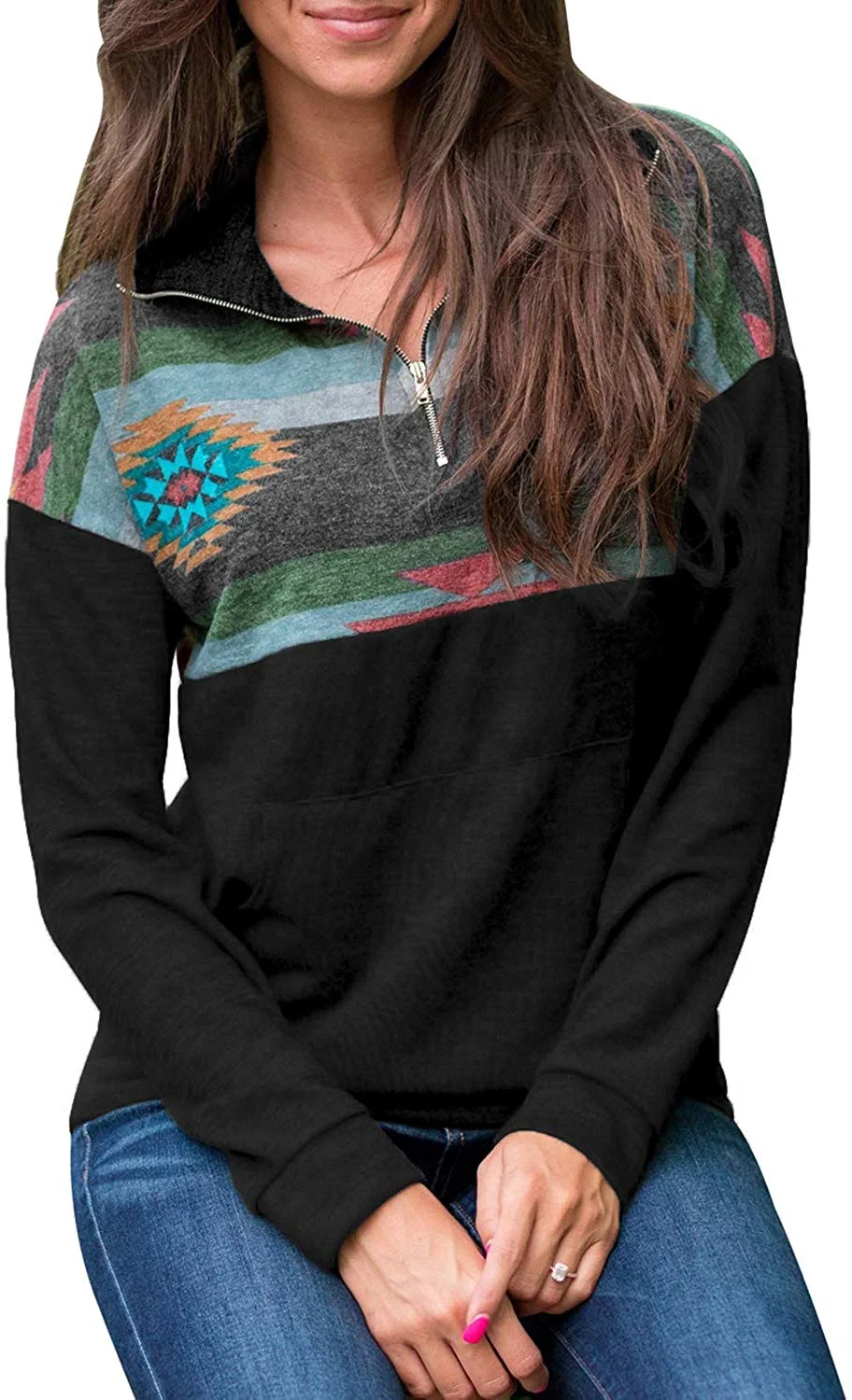 Women Quarter Zip Color Block Pullover Sweatshirt Tops with Pockets