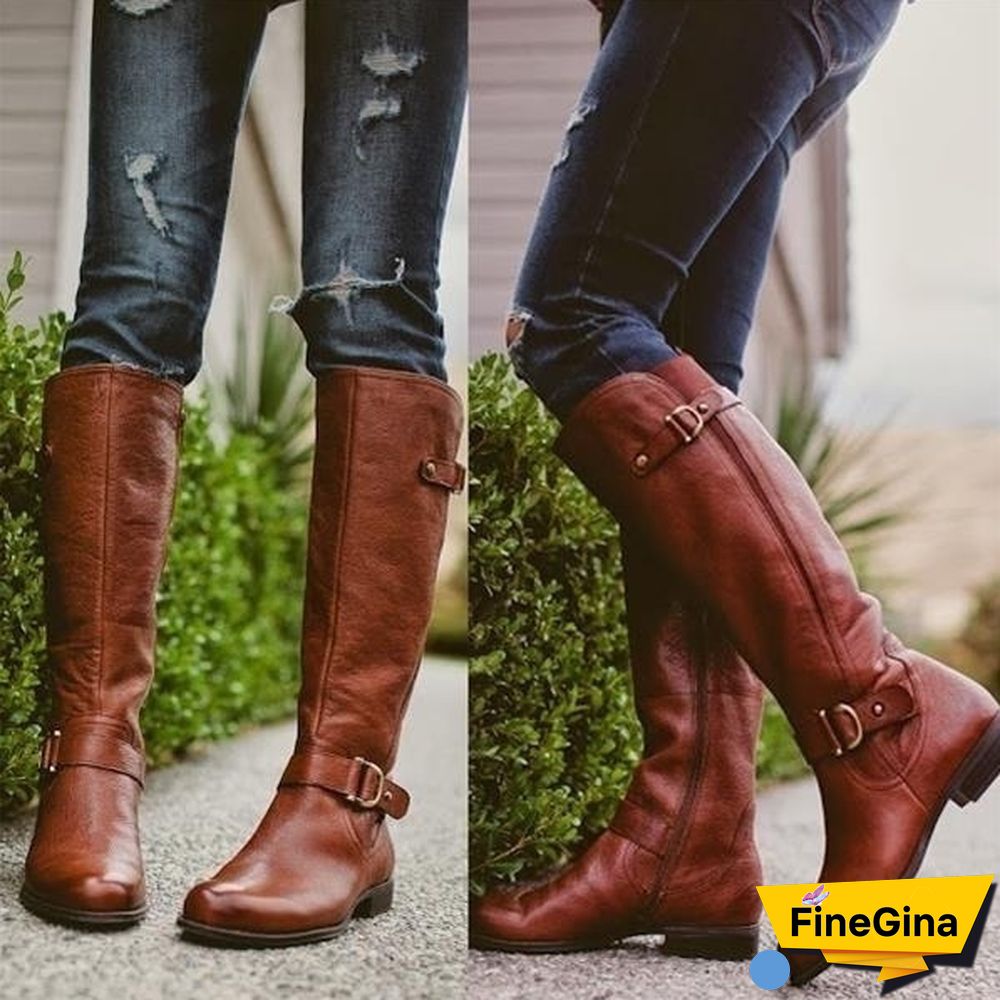 New Fashion Women Shoes Plus Size 34-43 Bottes Femmes Botas Mujer Kvinnoskor Cowgirls Military Combat Buckle Knee High Boots Genuine Leather Low Heel Women Knight Boots