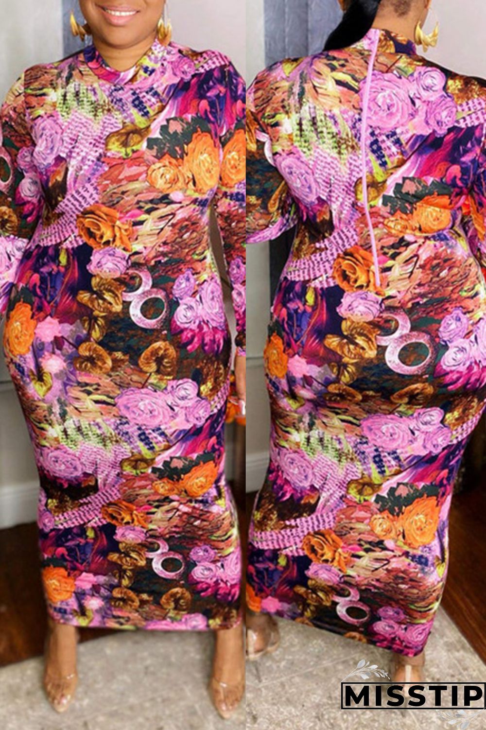 Multicolor Fashion Casual Print Basic O Neck Long Sleeve Plus Size Dresses