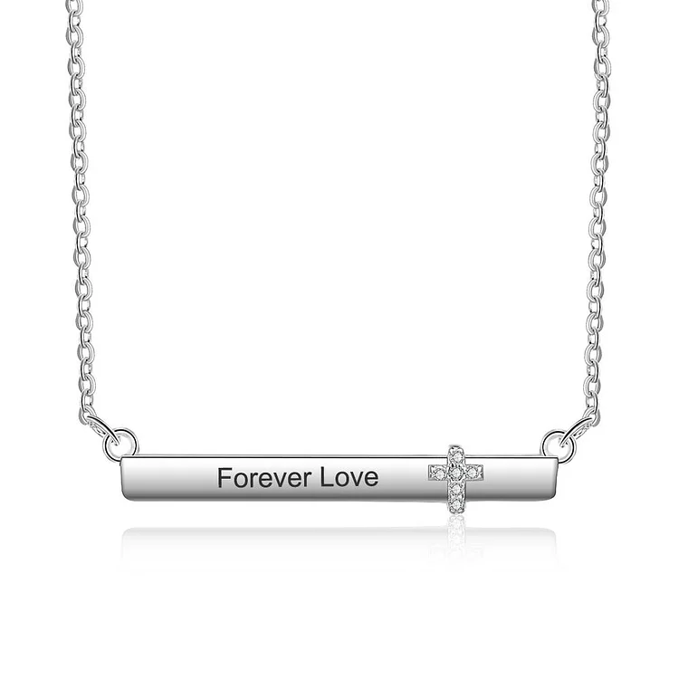 Personalized Bar Necklace With Cross Engraved Name