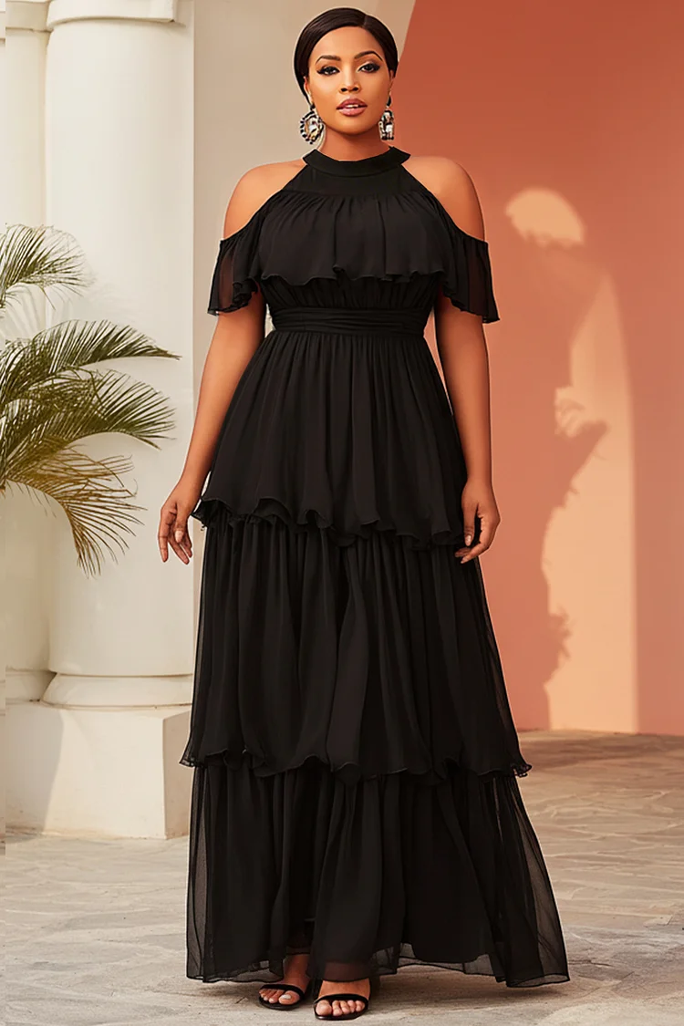 Xpluswear Design Plus Size Cocktail Party Black Halter Collar Cold Shoulder Short Sleeve Ruffle Tiered Chiffon Maxi Dresses [Pre-Order] 2024 - Xpluswear